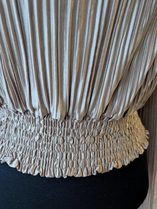 Champagne Gold Metallic Plissé Twist Knot Long Sleeve Crop | NWOT - Picture 5 of 5